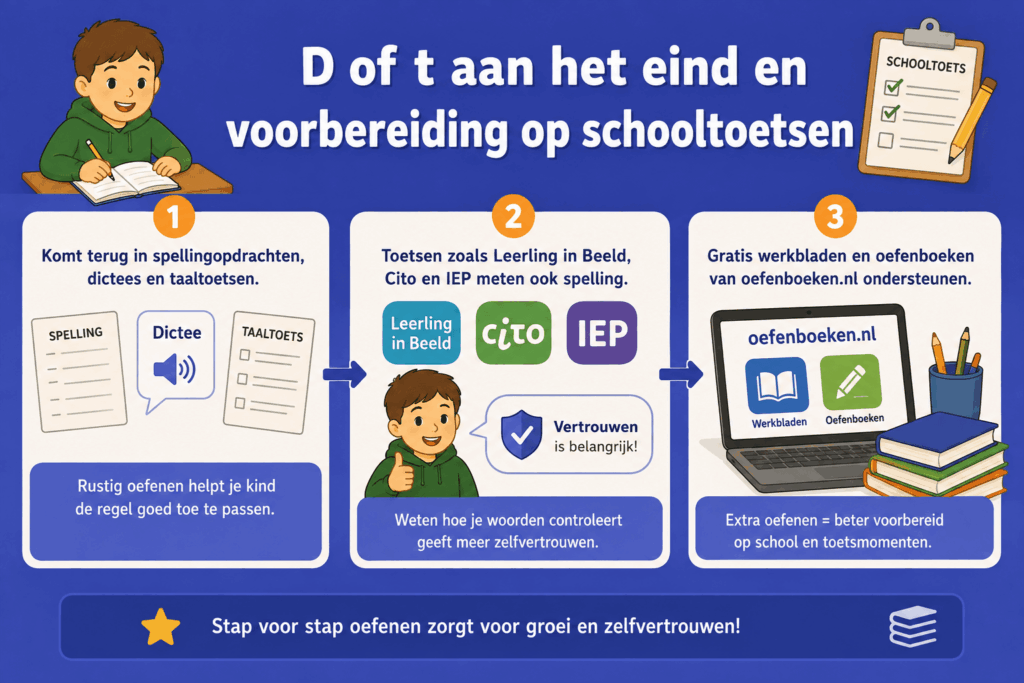 Educatieve infographic over d of t aan het eind en de voorbereiding op schooltoetsen. De afbeelding laat zien dat deze spellingregel terugkomt in dictees en taaltoetsen, dat zelfstandig controleren meer vertrouwen geeft en dat extra oefenen met werkbladen en oefenboeken kan helpen.