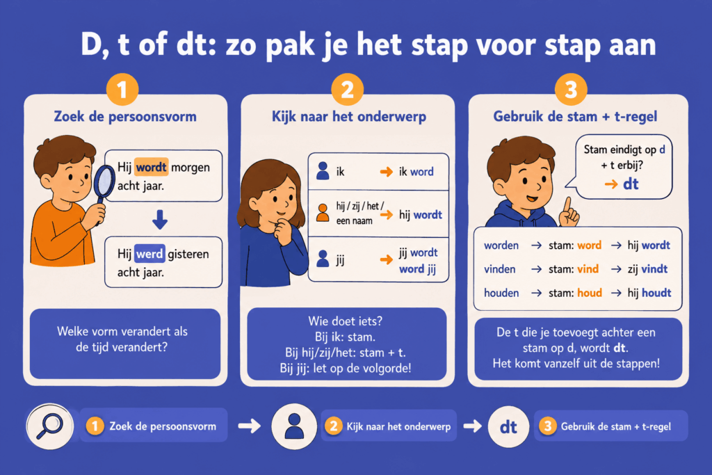 Infographic met drie stappen om te bepalen of een werkwoord eindigt op d, t of dt: zoek de persoonsvorm, kijk naar het onderwerp en gebruik de stam plus t regel.