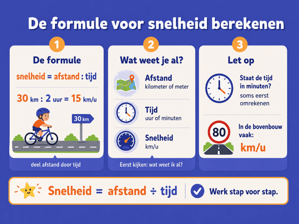Infographic over snelheid berekenen met de formule afstand gedeeld door tijd en een voorbeeld met 30 kilometer in 2 uur.