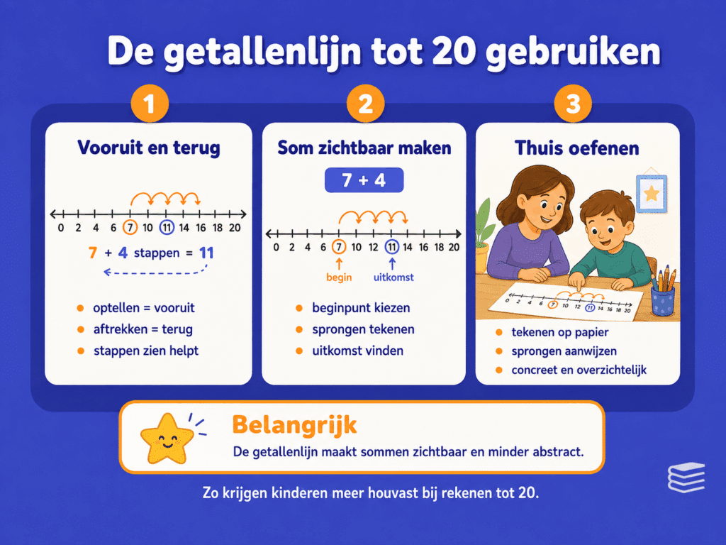 Infographic die laat zien hoe kinderen een getallenlijn tot 20 gebruiken om vooruit en achteruit te rekenen en sommen zichtbaar te maken.