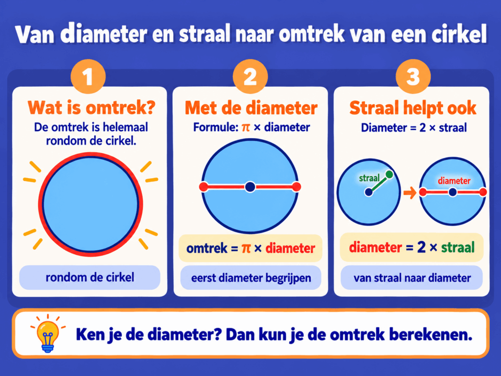 Educatieve afbeelding die in drie stappen uitlegt hoe je de omtrek van een cirkel berekent. Kinderen leren wat de omtrek is, hoe je de formule omtrek = π × diameter gebruikt en waarom de diameter twee keer zo groot is als de straal.