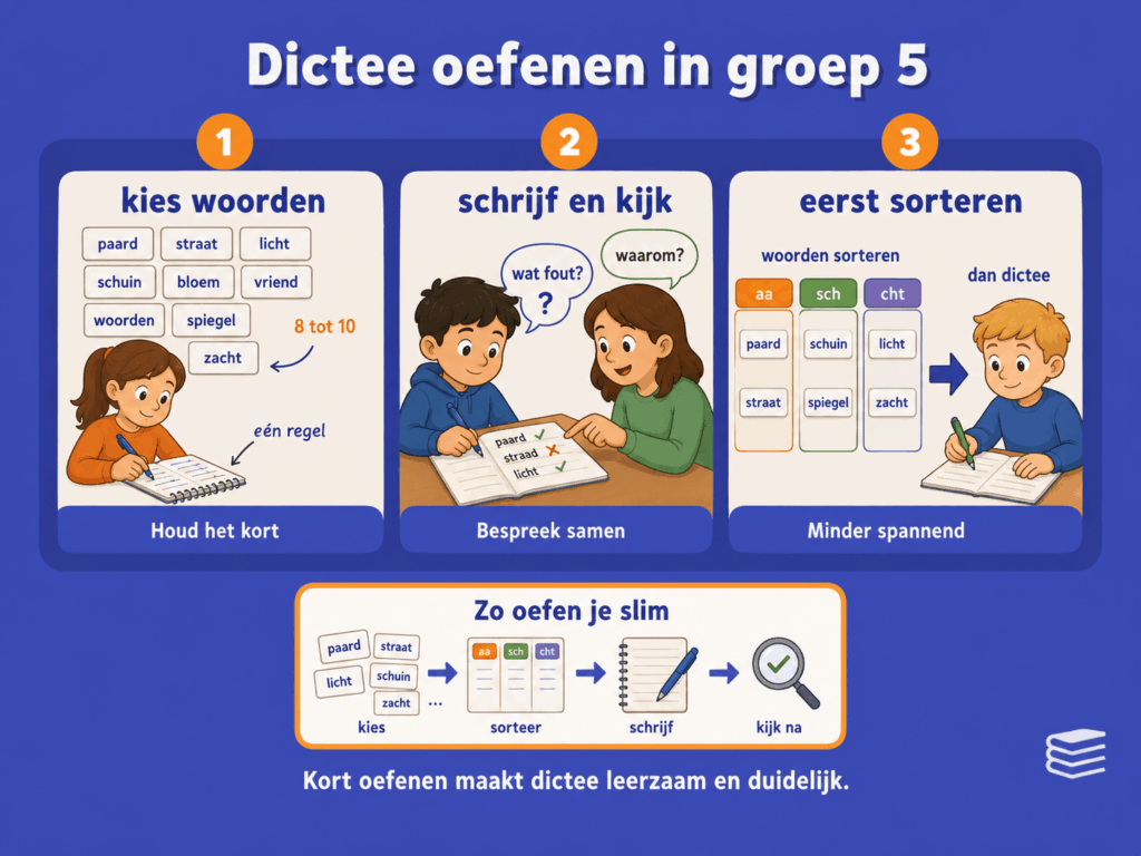 Educatieve infographic over dictee oefenen in groep 5. De afbeelding laat zien hoe kinderen woorden kiezen, fouten samen bespreken en woorden eerst sorteren op spellingregel voordat ze het dictee maken.