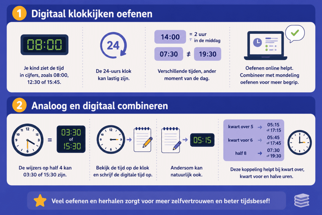 Infographic over digitaal klokkijken oefenen met voorbeelden van digitale tijden, de 24 uurs klok en het koppelen van analoge en digitale klokken.