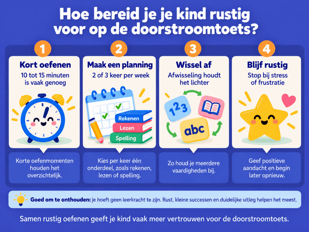 Infographic met vier tips om je kind rustig voor te bereiden op de doorstroomtoets: kort oefenen, een planning maken, afwisselen tussen vakken en positief blijven.