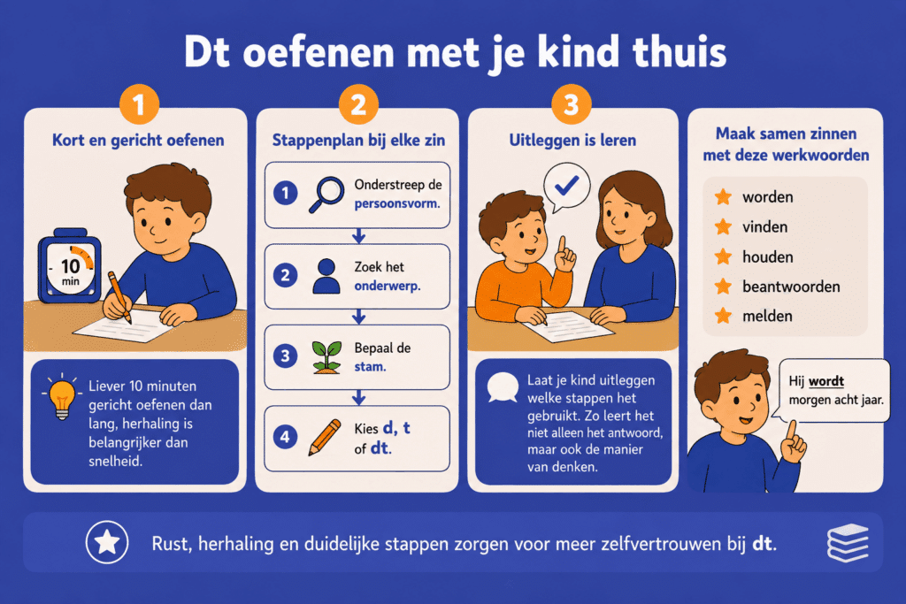 Infographic over thuis dt oefenen met je kind, met korte oefenmomenten, een stappenplan en samen zinnen maken.