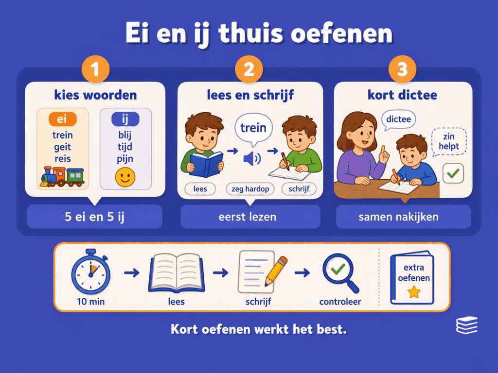 Educatieve infographic over thuis oefenen met woorden met ei en ij. De afbeelding laat zien hoe kinderen woorden kiezen, lezen, hardop zeggen, opschrijven en oefenen met een kort dictee.