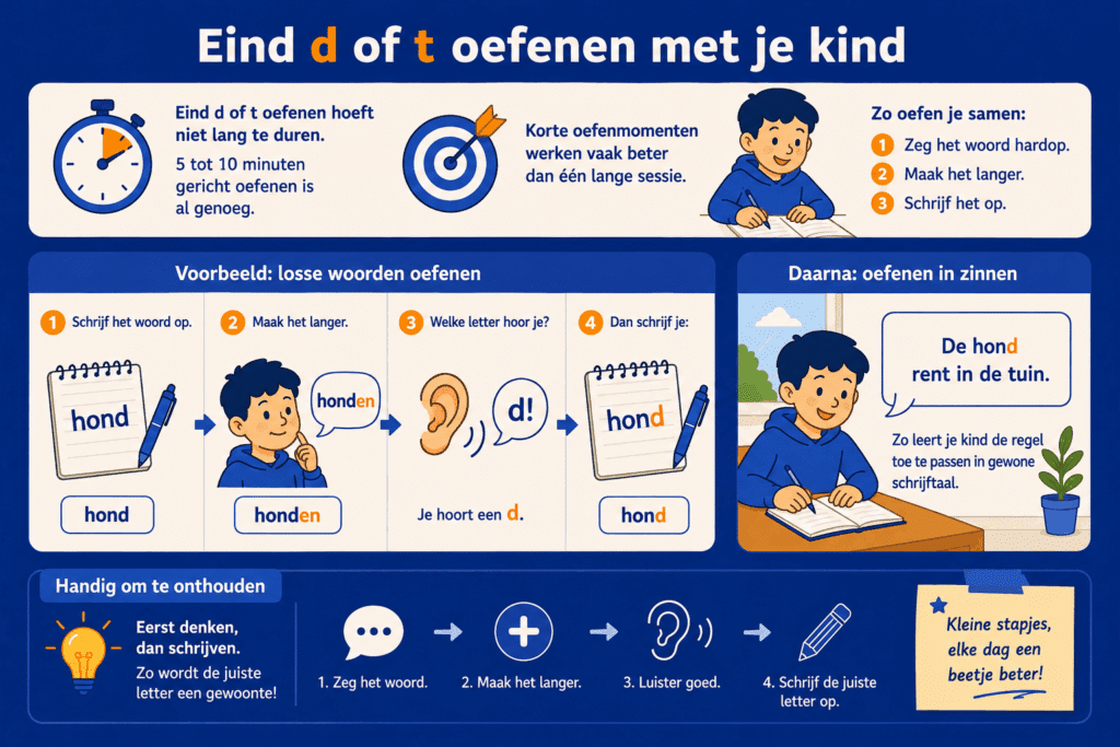Infographic met korte stappen om eind d of t te oefenen door een woord langer te maken, goed te luisteren en daarna de juiste letter te schrijven.
