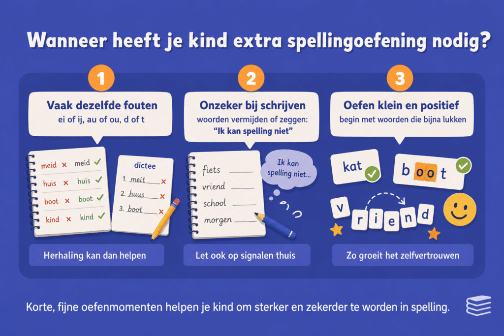 Infographic die laat zien wanneer een kind extra spellingoefening nodig heeft, met voorbeelden van terugkerende fouten, onzekerheid bij schrijven en positief oefenen.