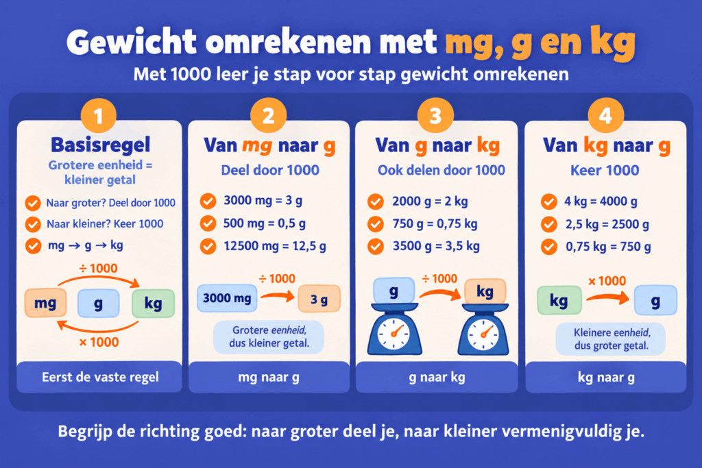 Infographic over gewicht omrekenen met mg, g en kg, met uitleg over delen en vermenigvuldigen met 1000 en voorbeelden van mg naar g, g naar kg en kg naar g.