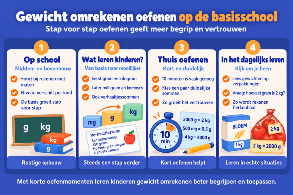 Infographic over gewicht omrekenen op de basisschool, met uitleg over gram, kilogram en milligram, korte oefenmomenten en praktische voorbeelden uit het dagelijks leven.