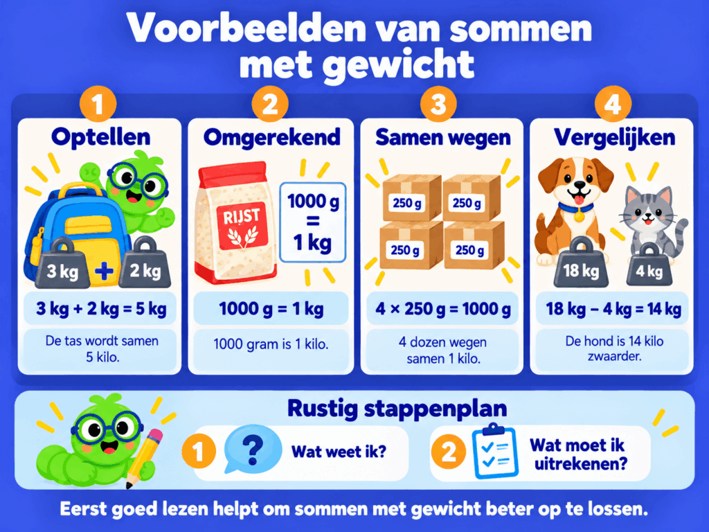 Infographic met vier voorbeelden van sommen met gewicht: kilogram optellen, gram omrekenen naar kilogram, gewichten vermenigvuldigen en gewichten vergelijken.