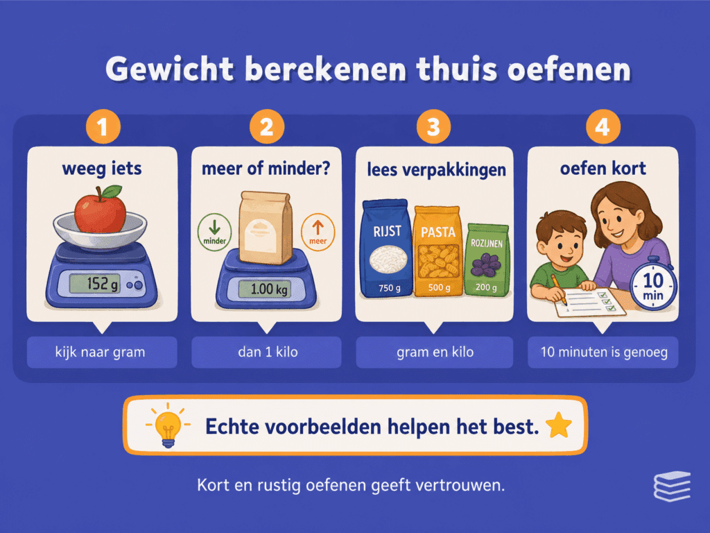 Educatieve infographic over thuis oefenen met gewicht. De afbeelding laat zien hoe kinderen iets wegen, vergelijken met 1 kilo, verpakkingen lezen en in korte oefenmomenten met gewicht leren rekenen.