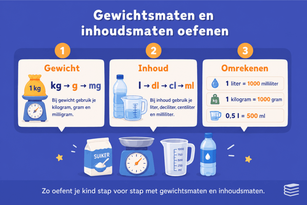 Infographic voor kinderen over gewichtsmaten en inhoudsmaten oefenen met voorbeelden van kilogram, gram, liter en milliliter in herkenbare situaties.