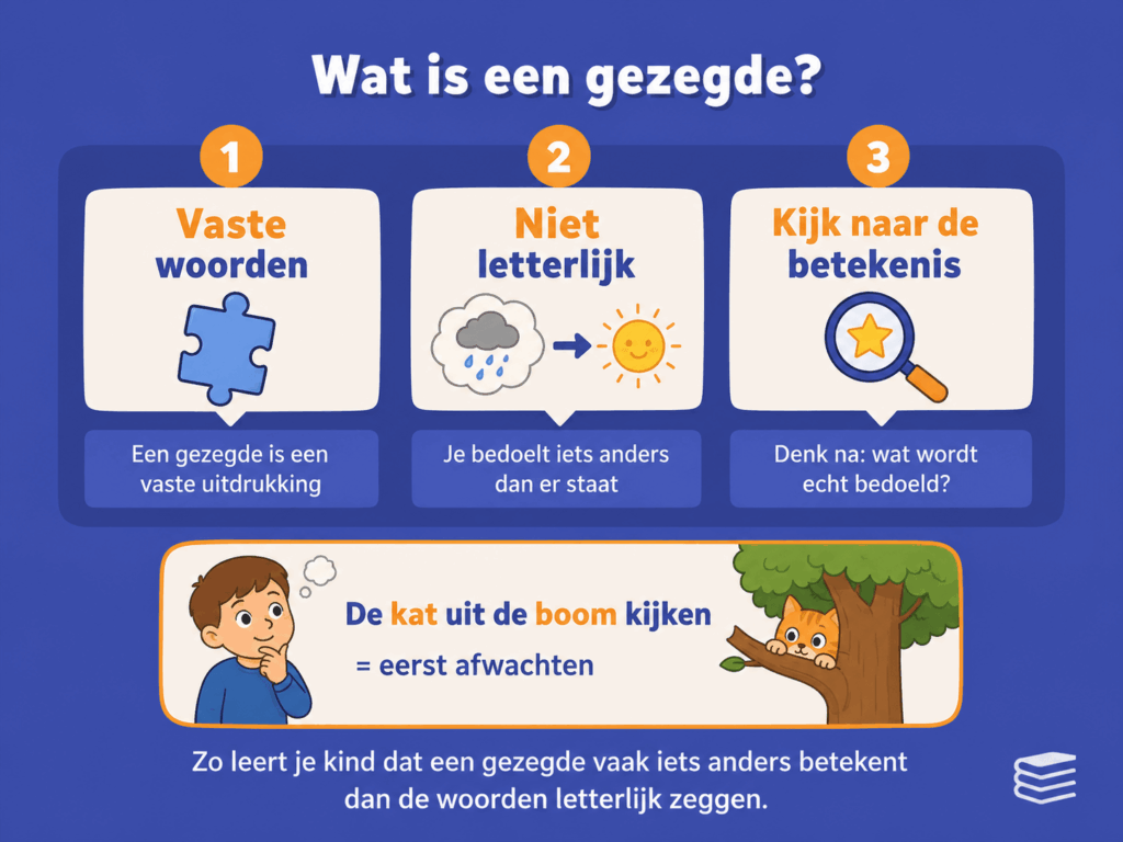 Infographic over wat een gezegde als uitdrukking is, met uitleg dat de betekenis niet letterlijk bedoeld is en een voorbeeld zoals “de kat uit de boom kijken”.
