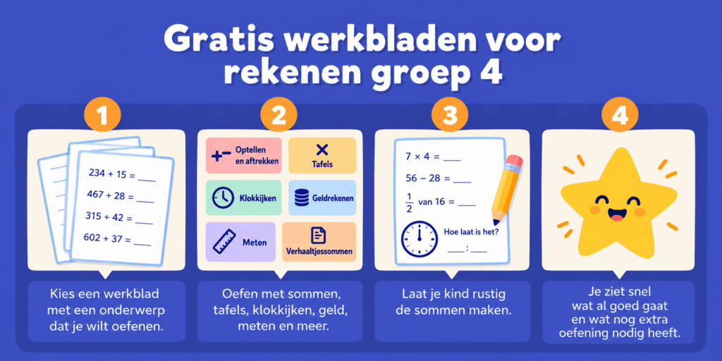 Infographic over gratis werkbladen rekenen groep 4 met oefeningen voor optellen, aftrekken, tafels, klokkijken, geldrekenen, meten en verhaaltjessommen.