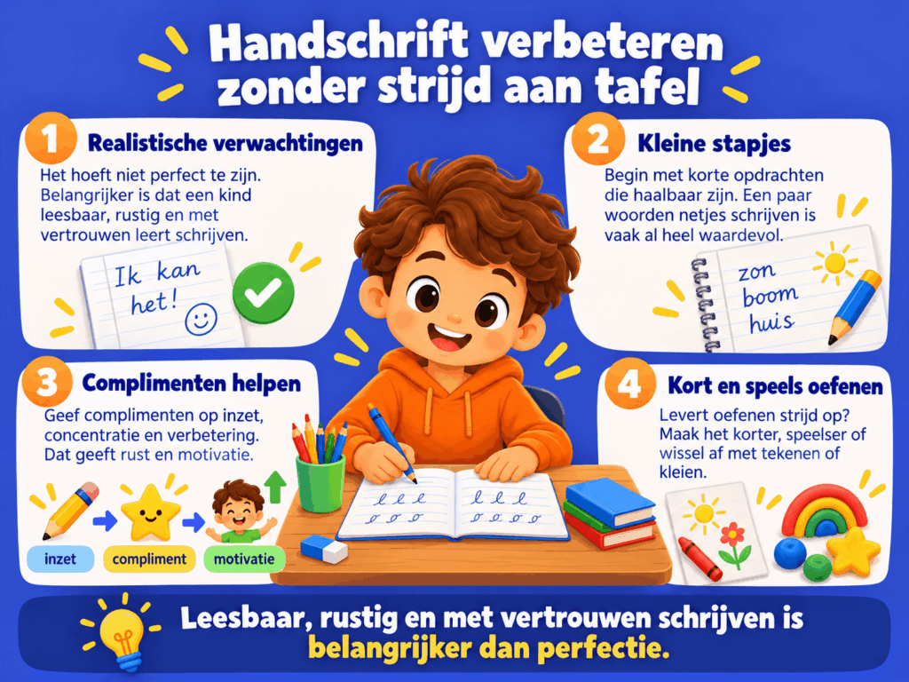 Educatieve afbeelding met vier tips om het handschrift van kinderen te verbeteren. De illustratie laat zien hoe korte schrijfoefeningen, realistische verwachtingen, complimenten en speelse activiteiten helpen om rustig en met vertrouwen te leren schrijven.
