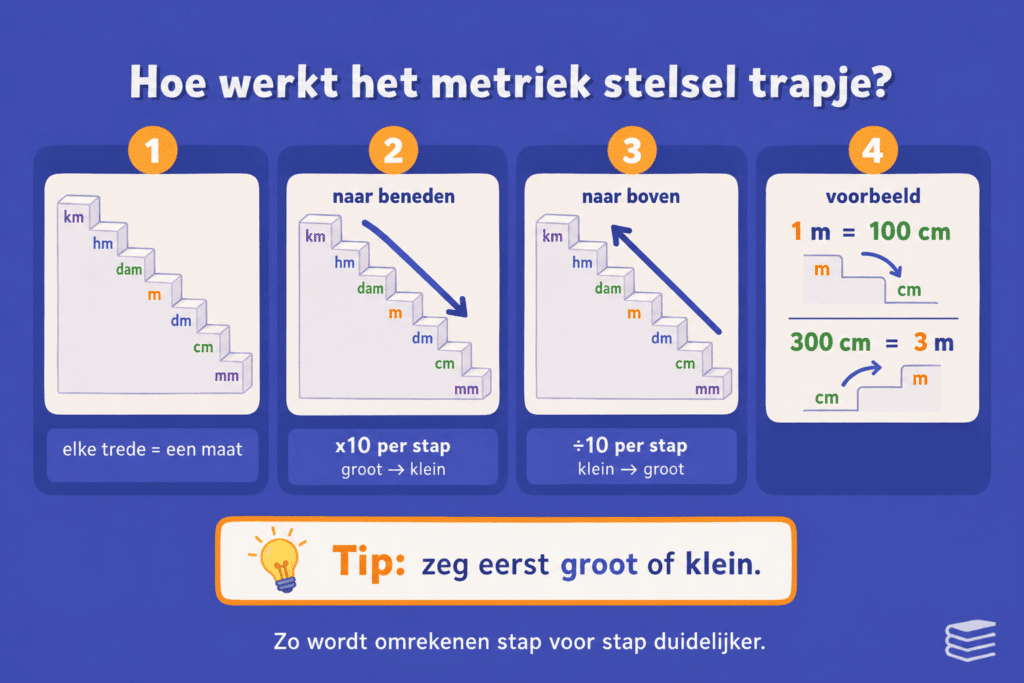Educatieve infographic over hoe het metriek stelsel trapje werkt. De afbeelding laat zien dat elke trede een maat is, dat je naar beneden per stap keer 10 gaat, naar boven per stap deelt door 10 en geeft voorbeelden zoals 1 meter is 100 centimeter en 300 centimeter is 3 meter.