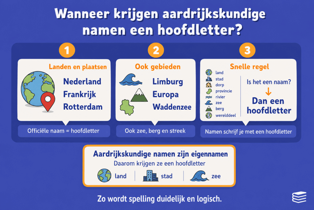 Educatieve infographic over hoofdletters bij aardrijkskundige namen, met voorbeelden van landen, steden, gebieden, zeeën en werelddelen.