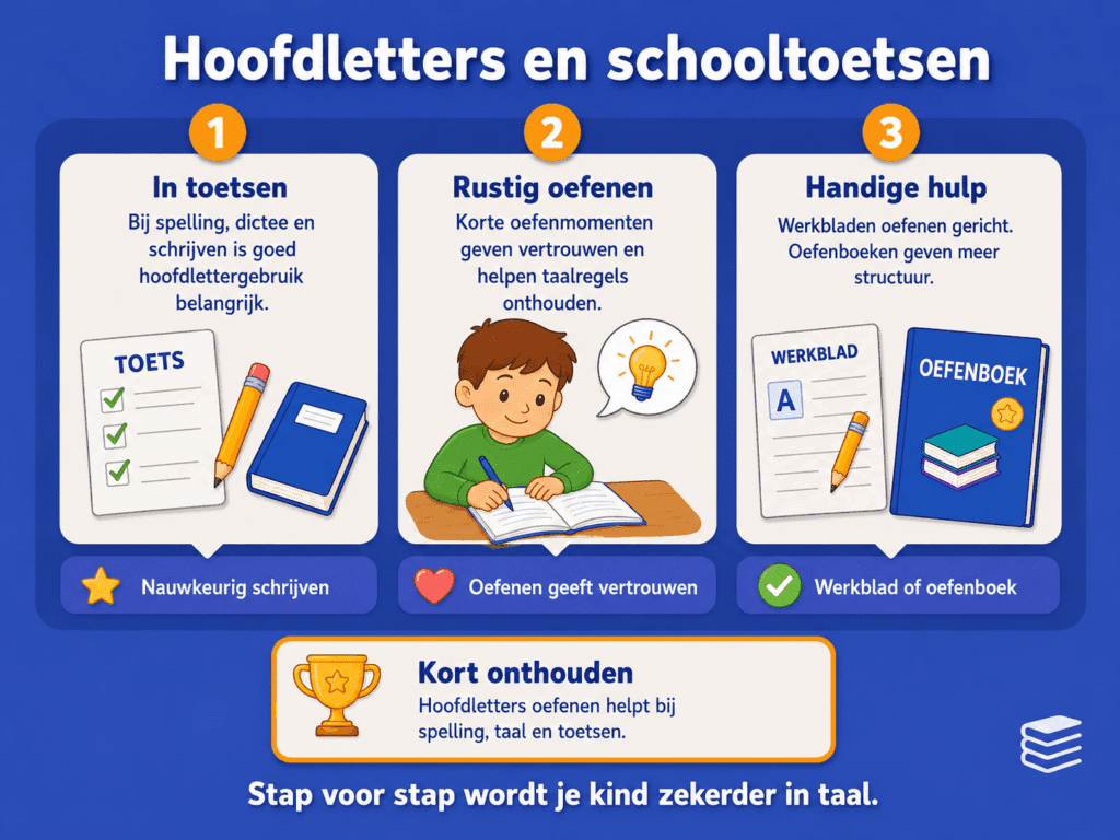 Educatieve infographic voor kinderen over hoofdletters bij schooltoetsen. De afbeelding laat zien dat hoofdletters belangrijk zijn bij spelling, dictees en schrijven, dat rustig oefenen vertrouwen geeft en dat werkbladen en oefenboeken helpen om stap voor stap beter te worden.