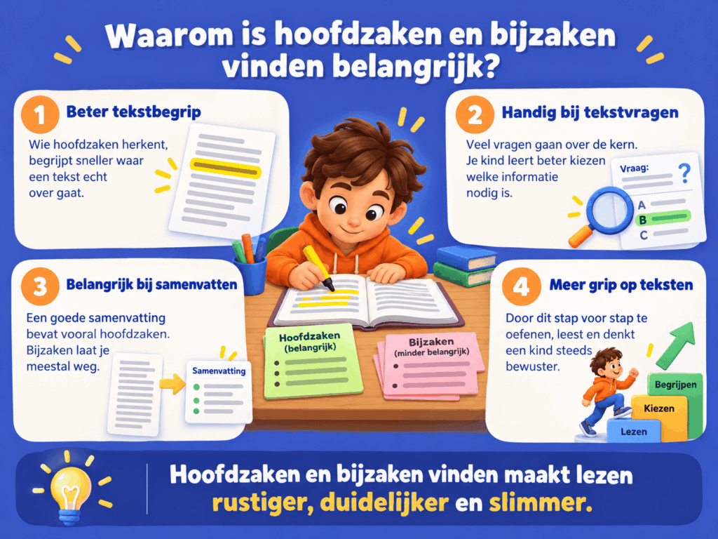 Educatieve afbeelding over het belang van hoofdzaken en bijzaken bij begrijpend lezen. De illustratie laat zien hoe kinderen belangrijke informatie herkennen, tekstvragen beantwoorden, samenvattingen maken en teksten beter begrijpen.