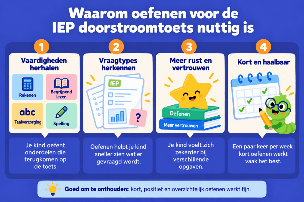 Infographic over waarom oefenen voor de IEP doorstroomtoets nuttig is, met aandacht voor rekenen, begrijpend lezen, taalverzorging, spelling, vraagtypes herkennen en zelfvertrouwen.