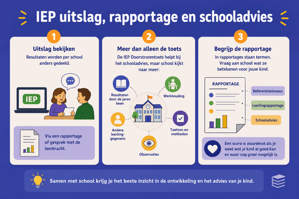 Infographic over IEP uitslagen en schooladvies, met uitleg dat scholen naar meer kijken dan alleen de toets en hoe ouders rapportages kunnen begrijpen.