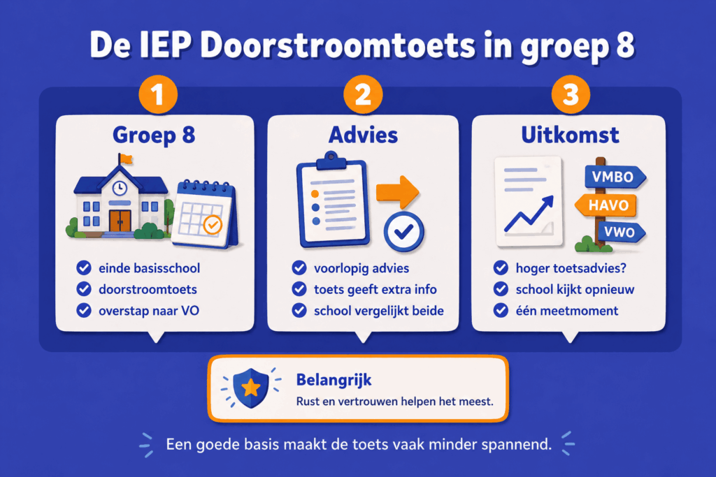 Educatieve infographic over de IEP Doorstroomtoets in groep 8. De afbeelding laat zien dat de toets plaatsvindt aan het einde van de basisschool, extra informatie geeft naast het voorlopige schooladvies en kan leiden tot een heroverweging van het advies.