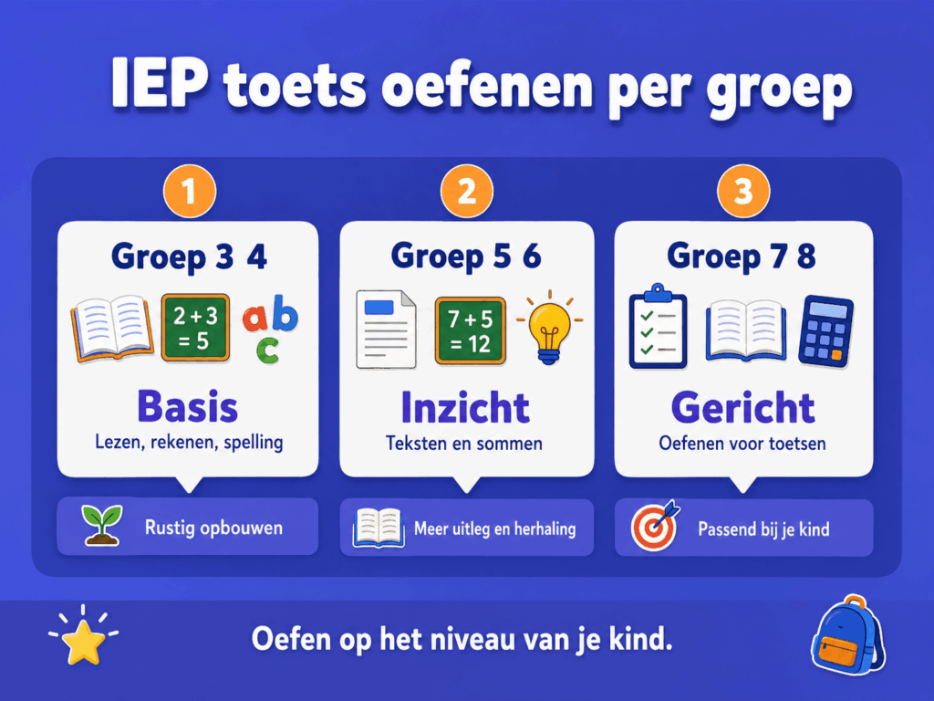 Educatieve infographic over IEP toets oefenen per groep. De afbeelding laat zien dat kinderen in groep 3 en 4 vooral basisvaardigheden oefenen, in groep 5 en 6 werken aan meer inzicht en in groep 7 en 8 gerichter oefenen voor toetsen.