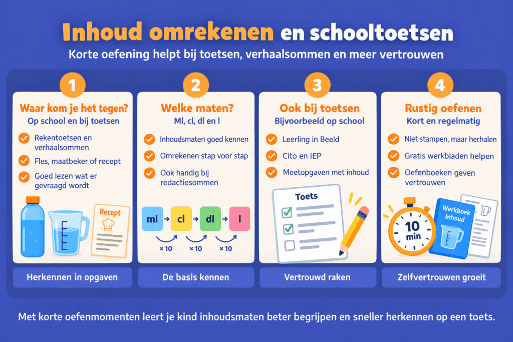 Infographic over inhoud omrekenen bij schooltoetsen, met uitleg over ml, cl, dl en liter, verhaalsommen, Cito en IEP en het oefenen met werkbladen en oefenboeken.