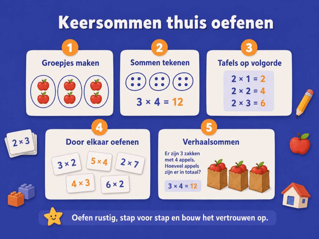 Infographic die laat zien hoe kinderen thuis keersommen stap voor stap kunnen oefenen, van groepjes maken en sommen tekenen tot tafels oefenen, door elkaar oefenen en verhaalsommen maken.
