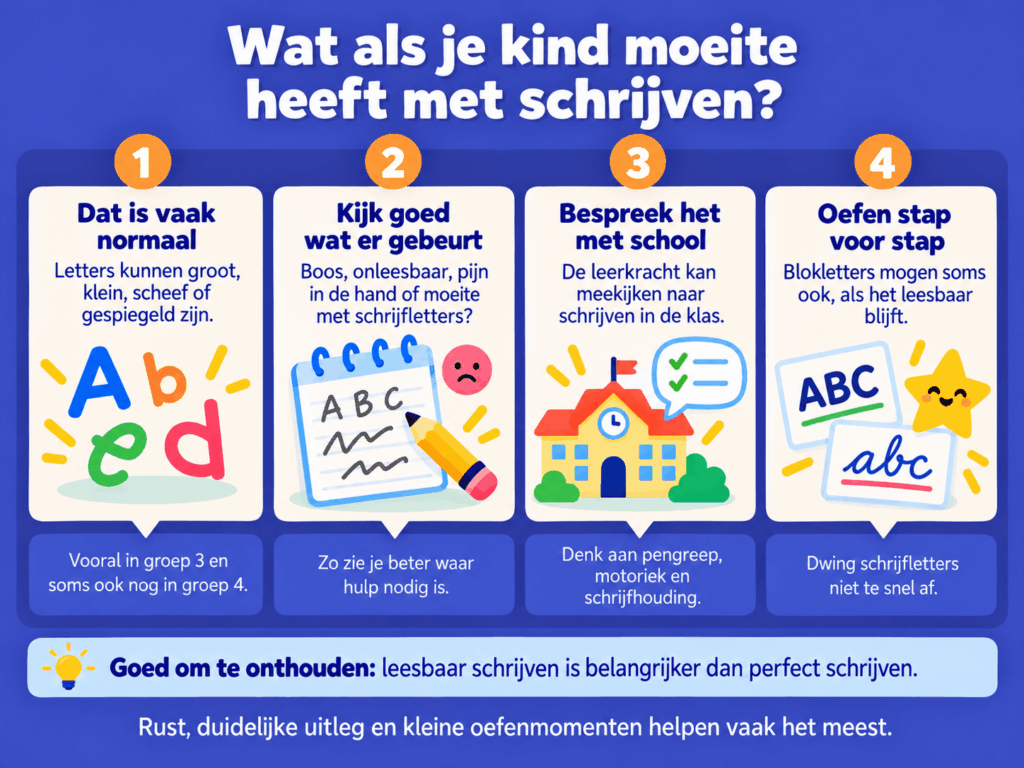 Infographic met vier tips voor kinderen die moeite hebben met schrijven, zoals schrijfproblemen herkennen, overleggen met de leerkracht en stap voor stap oefenen.