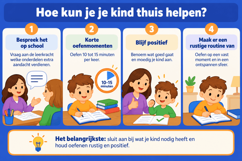 Educatieve afbeelding met vier praktische tips om je kind thuis te helpen met leren. Bespreek aandachtspunten met de leerkracht, oefen 10 tot 15 minuten per keer, blijf positief en zorg voor een rustige oefenroutine.