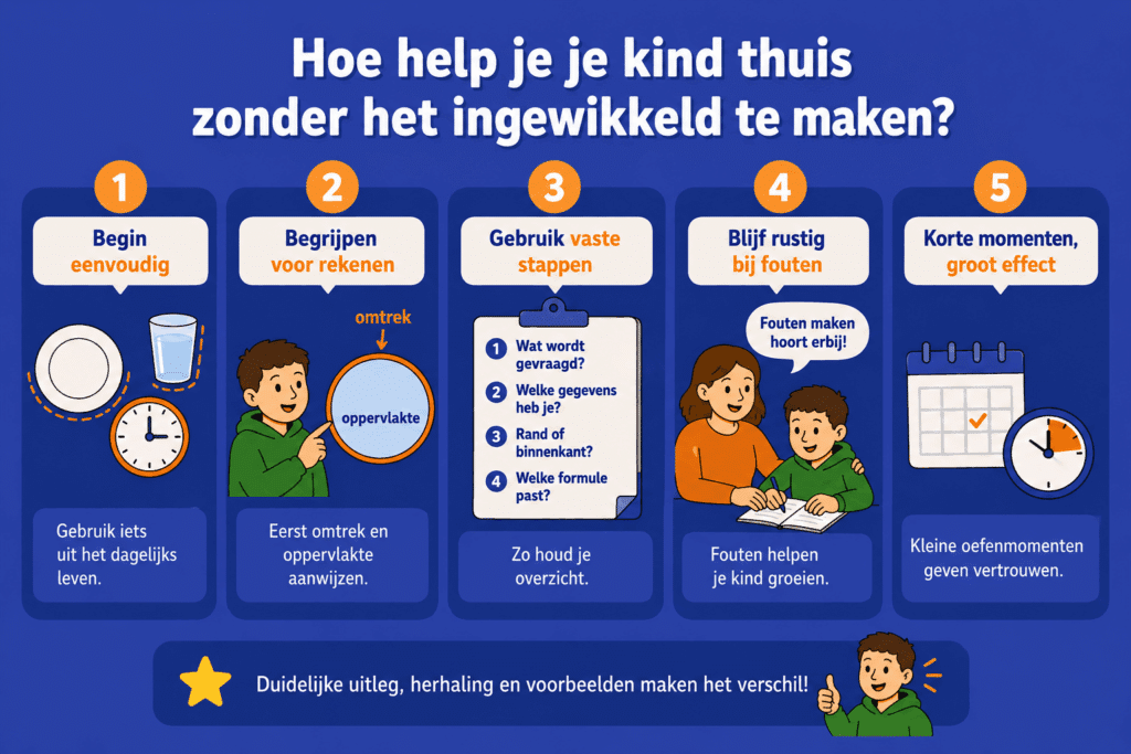 Educatieve infographic over hoe je je kind thuis helpt met rekenen zonder het ingewikkeld te maken. De afbeelding laat zien dat je eenvoudig begint, eerst begrip opbouwt, vaste stappen gebruikt, rustig blijft bij fouten en kiest voor korte oefenmomenten.