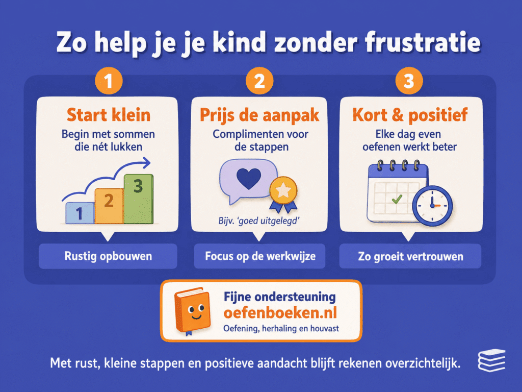 llustratie met drie tips om een kind zonder frustratie te helpen met rekenen: klein beginnen, de aanpak complimenteren en kort en positief oefenen.