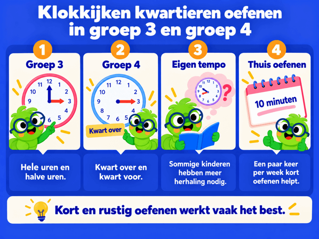Infographic over klokkijken in groep 3 en 4 met uitleg over hele uren, halve uren, kwart over en kwart voor en tips om thuis kort te oefenen.