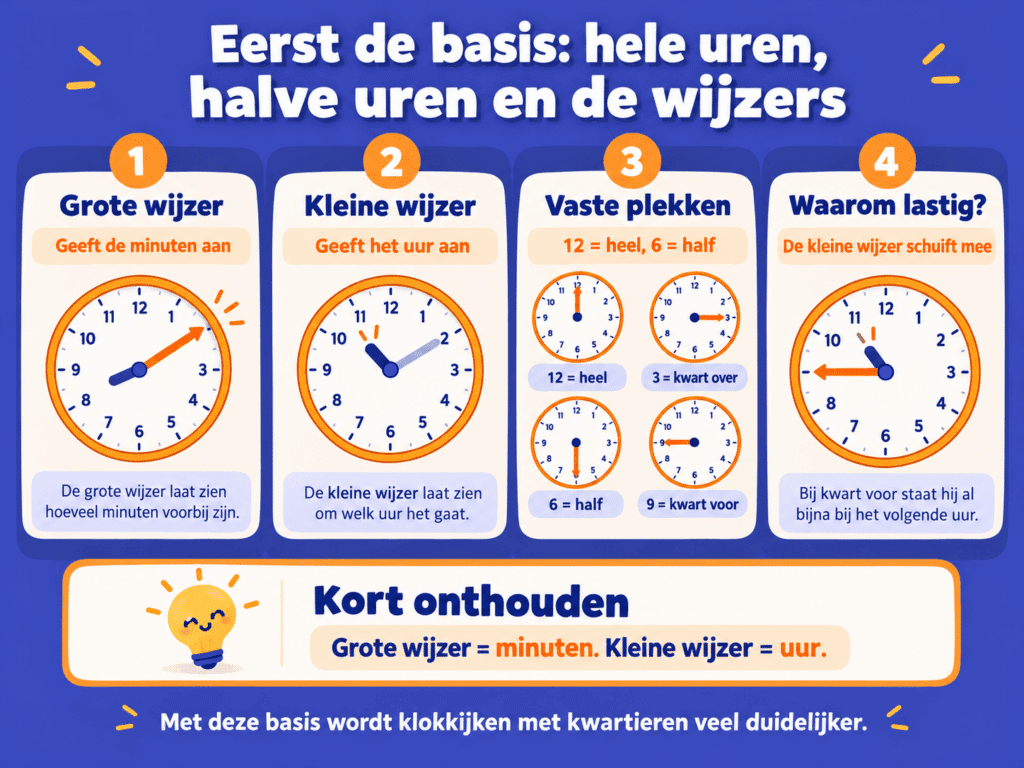 Infographic over klokkijken met uitleg over de grote en kleine wijzer, hele uren, halve uren, kwart over en kwart voor.