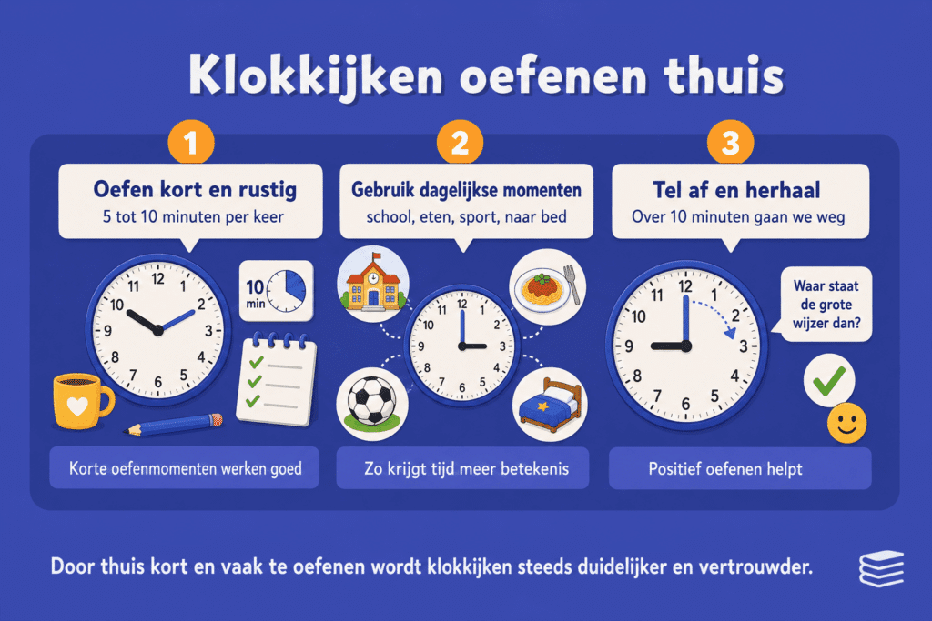 Infographic die laat zien hoe je thuis klokkijken kunt oefenen met korte oefenmomenten, dagelijkse situaties en positief herhalen.