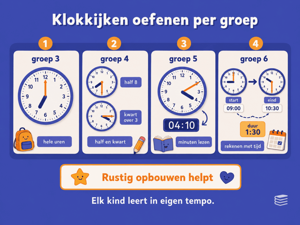 Educatieve infographic over klokkijken oefenen per groep. De afbeelding laat zien dat kinderen in groep 3 hele uren leren, in groep 4 halve uren en kwartieren, in groep 5 minuten en digitale tijden en in groep 6 leren rekenen met tijdsduur.
