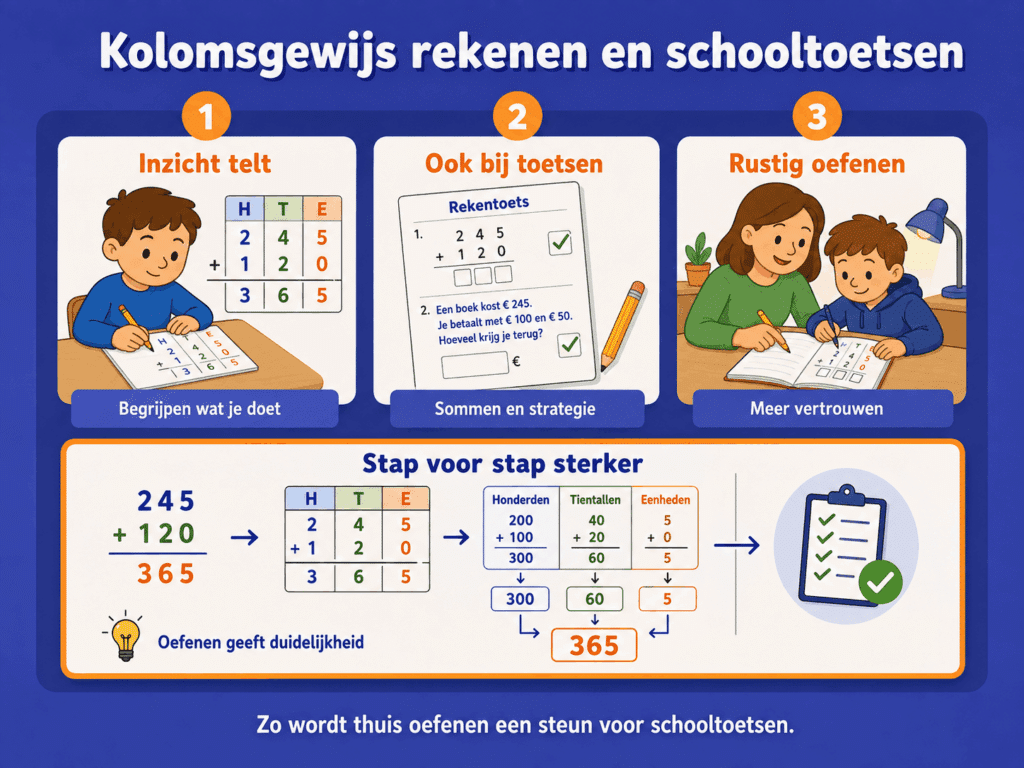Educatieve infographic over kolomsgewijs rekenen en schooltoetsen, met aandacht voor inzicht, rekenstrategieën, rustig oefenen en stap voor stap optellen.