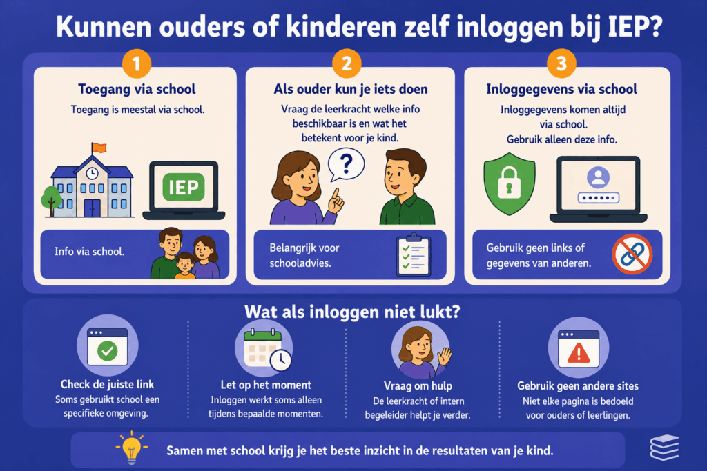 Infographic over IEP inloggen met uitleg over toegang via school, officiële inloggegevens en wat je kunt doen als inloggen niet lukt.