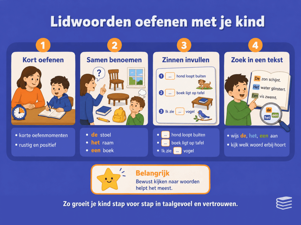 Infographic met vier manieren om lidwoorden te oefenen: kort oefenen, samen voorwerpen benoemen, zinnen invullen en lidwoorden zoeken in een tekst.