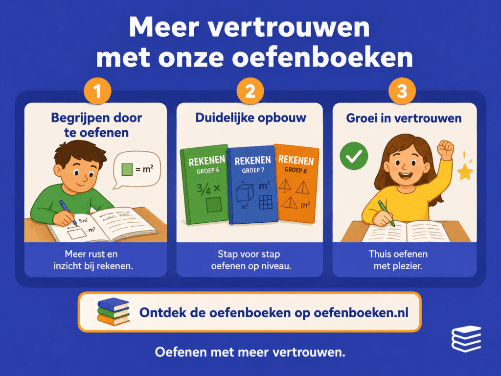 Infographic over hoe fysieke oefenboeken kinderen helpen om met meer vertrouwen te oefenen, met duidelijke opbouw, rekenen op niveau en thuis oefenen met meer rust en plezier.