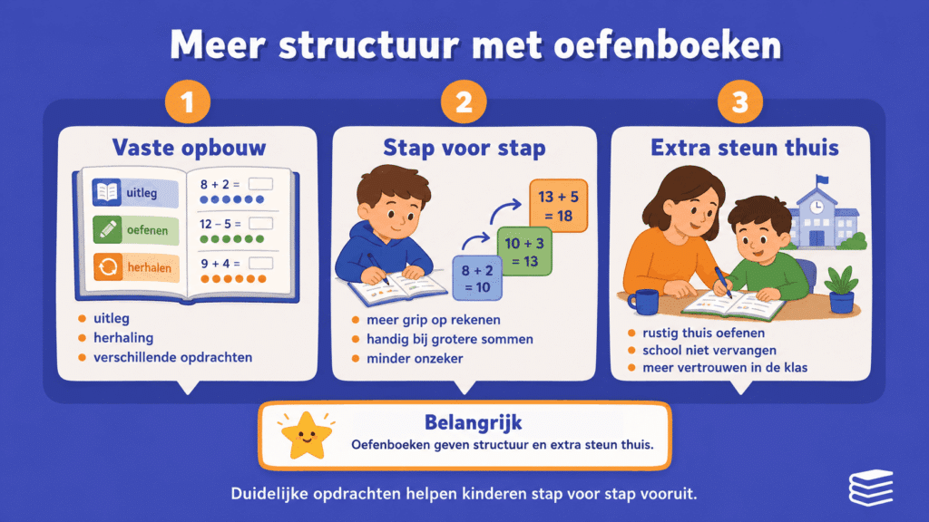 Infographic over hoe oefenboeken kinderen thuis meer structuur, herhaling en vertrouwen bij rekenen kunnen geven.