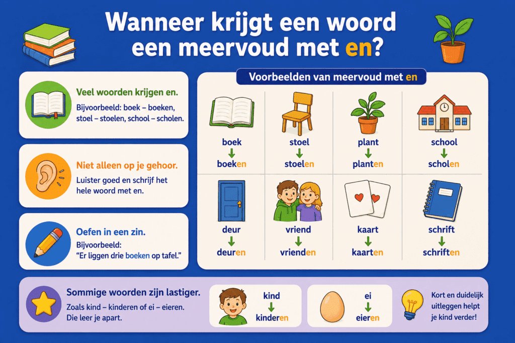 Educatieve infographic voor kinderen over meervoudsvormen met en. De afbeelding laat voorbeelden zien zoals boek boeken, stoel stoelen, plant planten en school scholen.