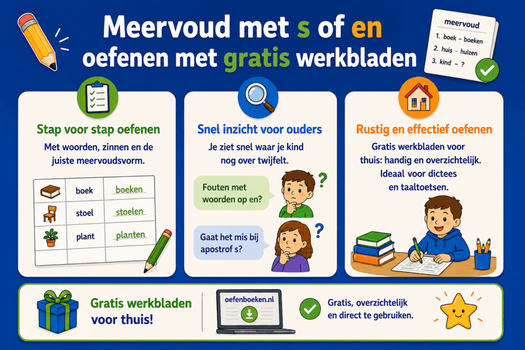 Educatieve infographic over het oefenen van meervoud met s of en. Kinderen oefenen stap voor stap met woorden en zinnen, terwijl ouders kunnen zien waar nog twijfel zit. Gratis werkbladen helpen om thuis rustig te oefenen voor spelling, dictees en taaltoetsen.