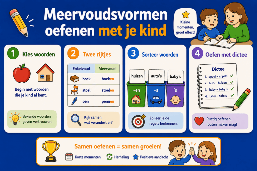 Educatieve infographic voor ouders en kinderen over het oefenen van meervoudsvormen. De afbeelding laat zien hoe je bekende woorden kiest, enkelvoud en meervoud naast elkaar zet, woorden sorteert op en, s en apostrof s en rustig oefent met een kort dictee.