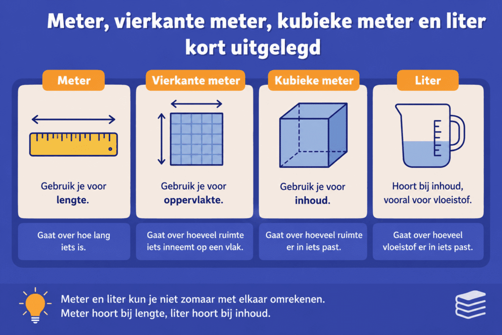 Infographic die het verschil uitlegt tussen meter, vierkante meter, kubieke meter en liter. De afbeelding laat zien dat meter wordt gebruikt voor lengte, vierkante meter voor oppervlakte, kubieke meter voor inhoud en liter voor vloeistoffen.