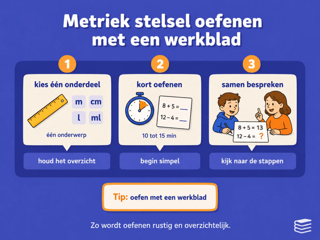 Educatieve infographic over het metriek stelsel oefenen met een werkblad. De afbeelding laat in drie stappen zien dat kinderen één onderdeel tegelijk kiezen, kort oefenen en daarna samen bespreken welke stappen goed gingen en waar nog extra oefening nodig is.
