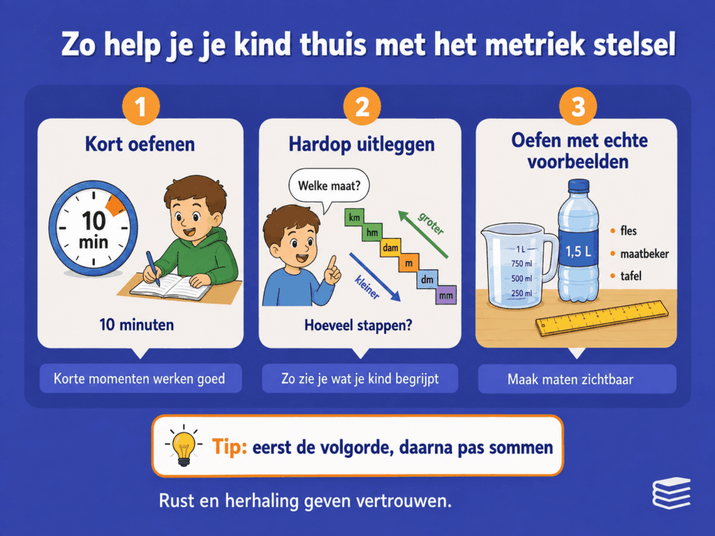 Educatieve infographic over thuis oefenen met het metriek stelsel. De afbeelding laat drie eenvoudige manieren zien: kort oefenen, hardop uitleggen welke maat en hoeveel stappen nodig zijn en werken met herkenbare voorbeelden zoals een fles, maatbeker en meetlat.