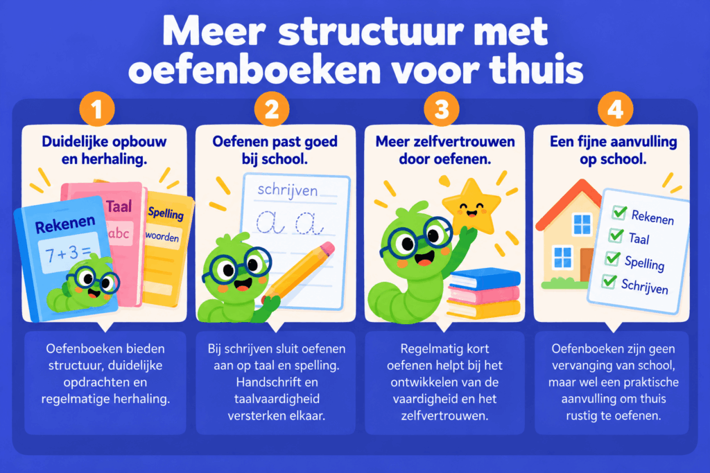 Infographic over de voordelen van oefenboeken voor thuis, zoals duidelijke opbouw, herhaling, oefenen met taal en spelling en het vergroten van zelfvertrouwen.